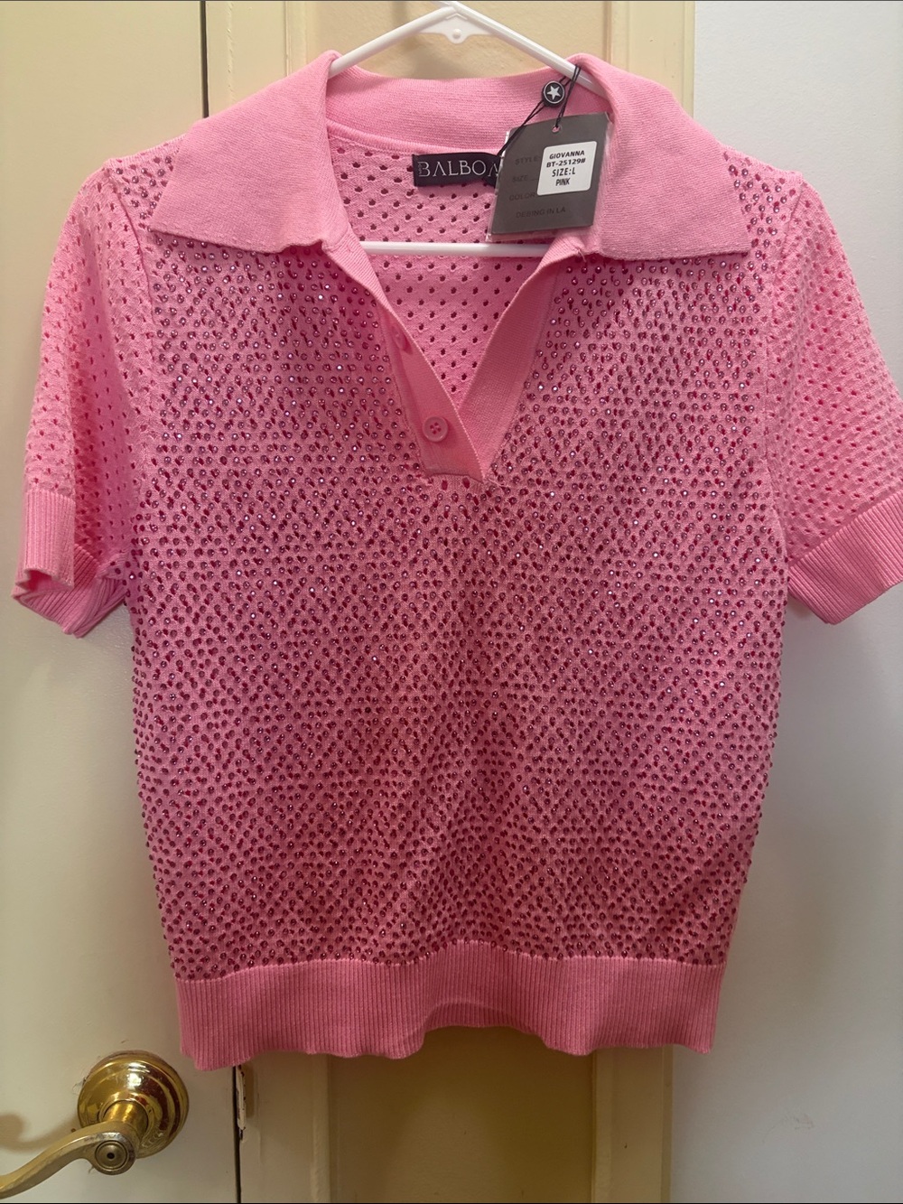 Balboa Pink Open-Knit Polo Sweater